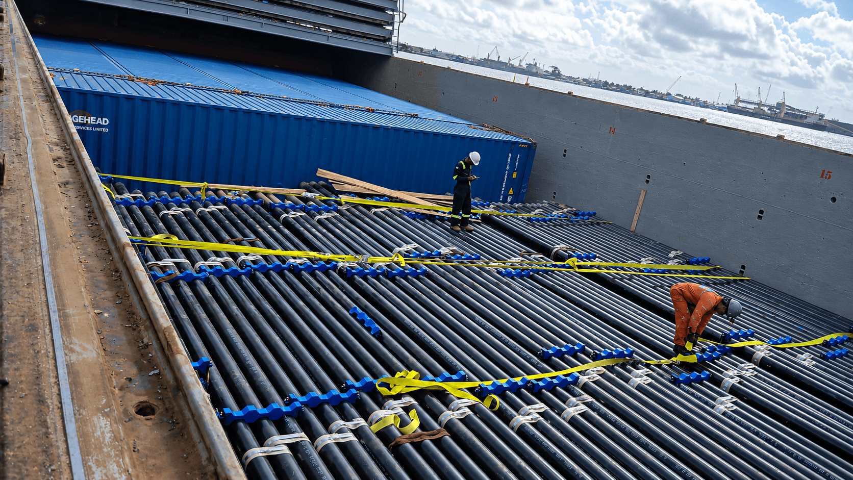 Pipe bundles secured inside a cargo vessel during discharge operations at Tristar Port of Guyana.