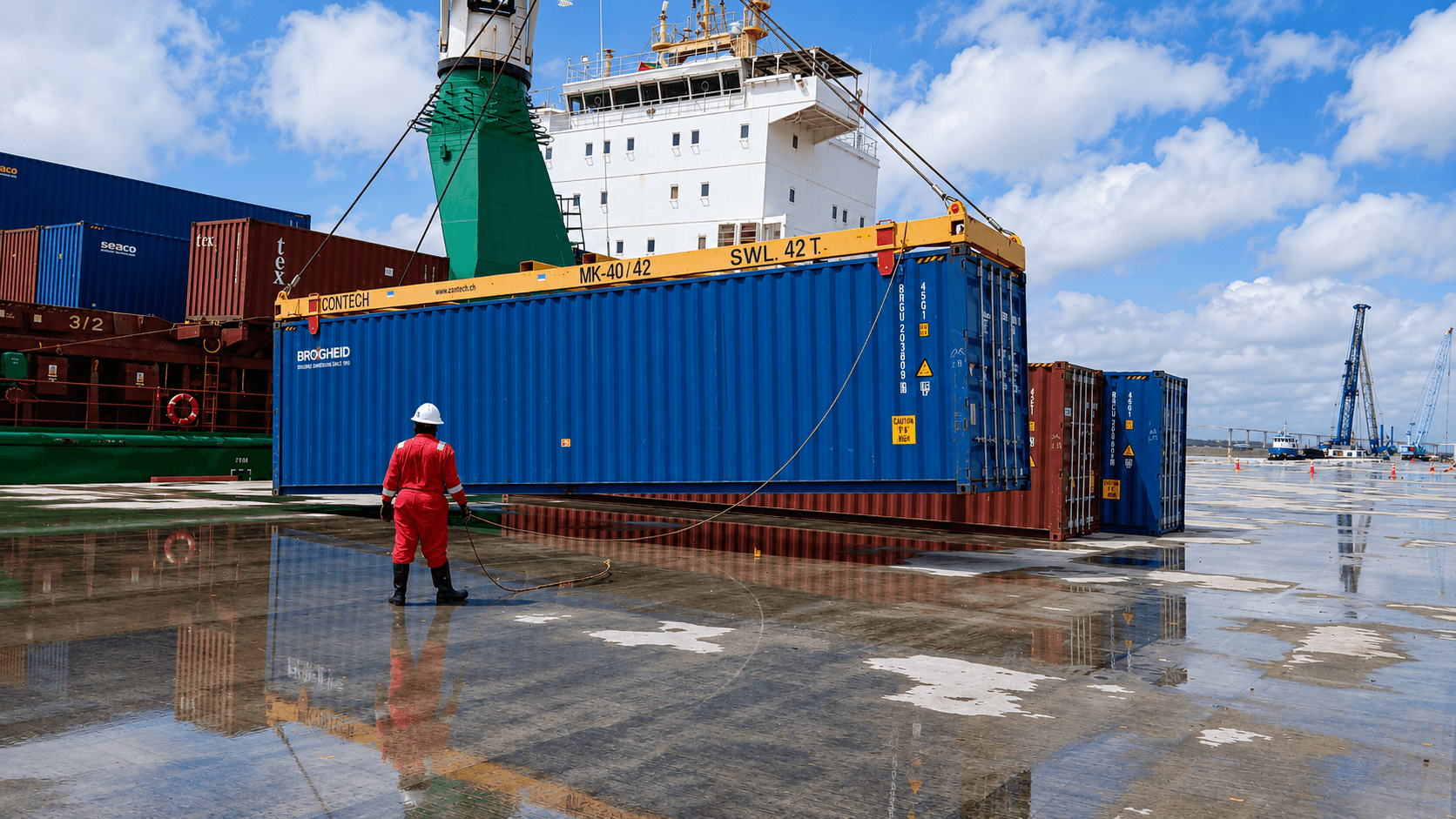 Container lifted from a vessel during port operations at Tristar Port of Guyana.