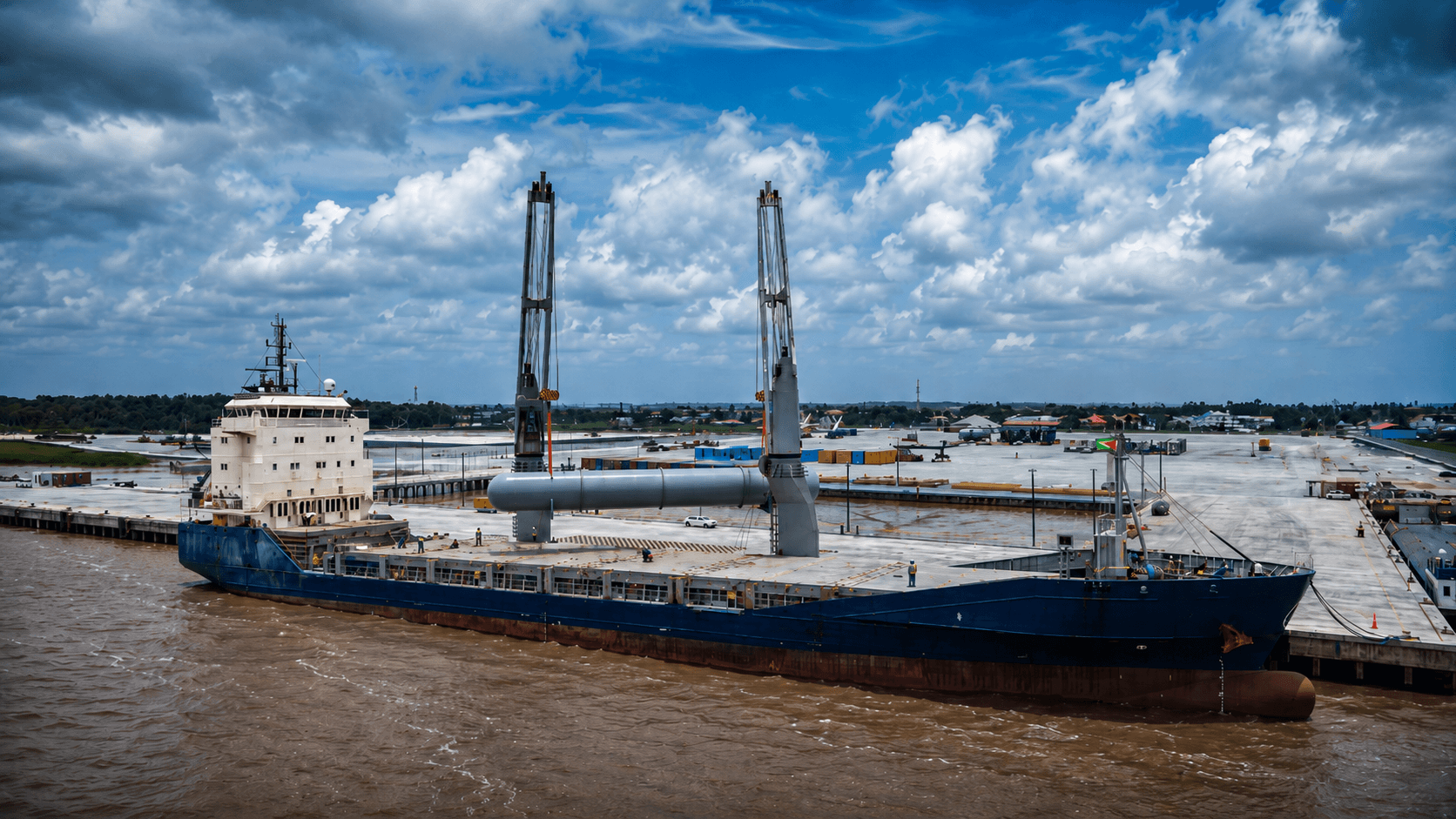 A 36.2-metre bullet tank being lifted from a cargo vessel at Tristar Port of Guyana.