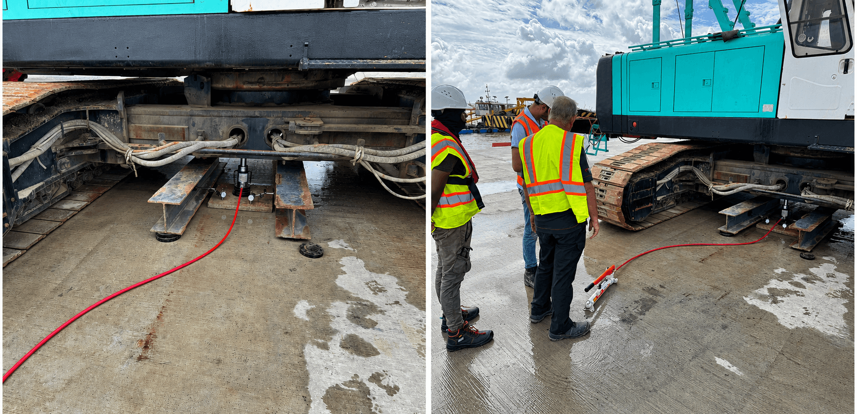 Ground bearing pressure testing beneath tracked lifting equipment at Tristar Port of Guyana.