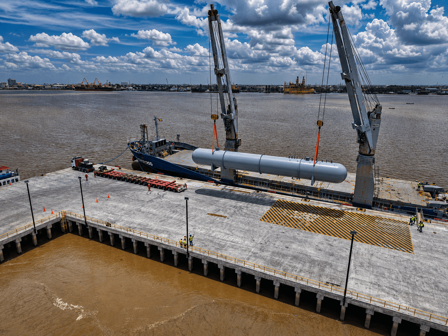 Heavy-lift cargo being discharged from a vessel at Tristar Port of Guyana
